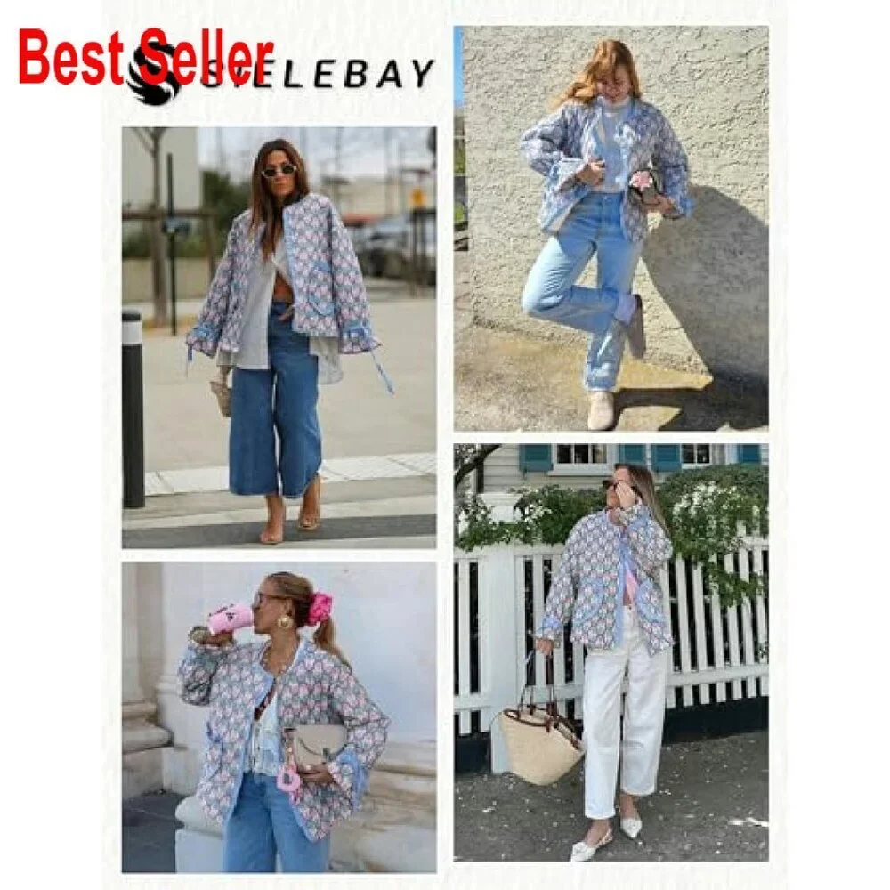 Cropped Quilted Puffer Jacket Lightweight Floral Print Vintage Open Front